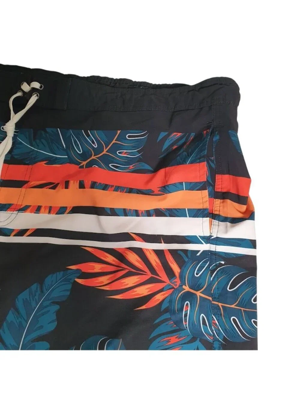 Sonoma Mens Swim Shorts Black Tropical Print Drawstring 46 Waist Lined Vacation